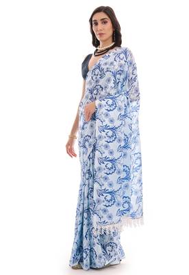 art silk blend saree with printed design & pallu lace border paired with banglori unstitched blouse 2