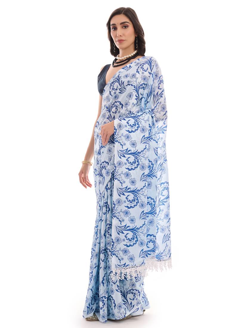 art silk saree with printed design & pallu lace border, paired with banglori unstitched blouse
