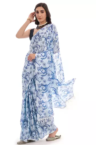 art silk blend saree with printed design & pallu lace border paired with banglori unstitched blouse