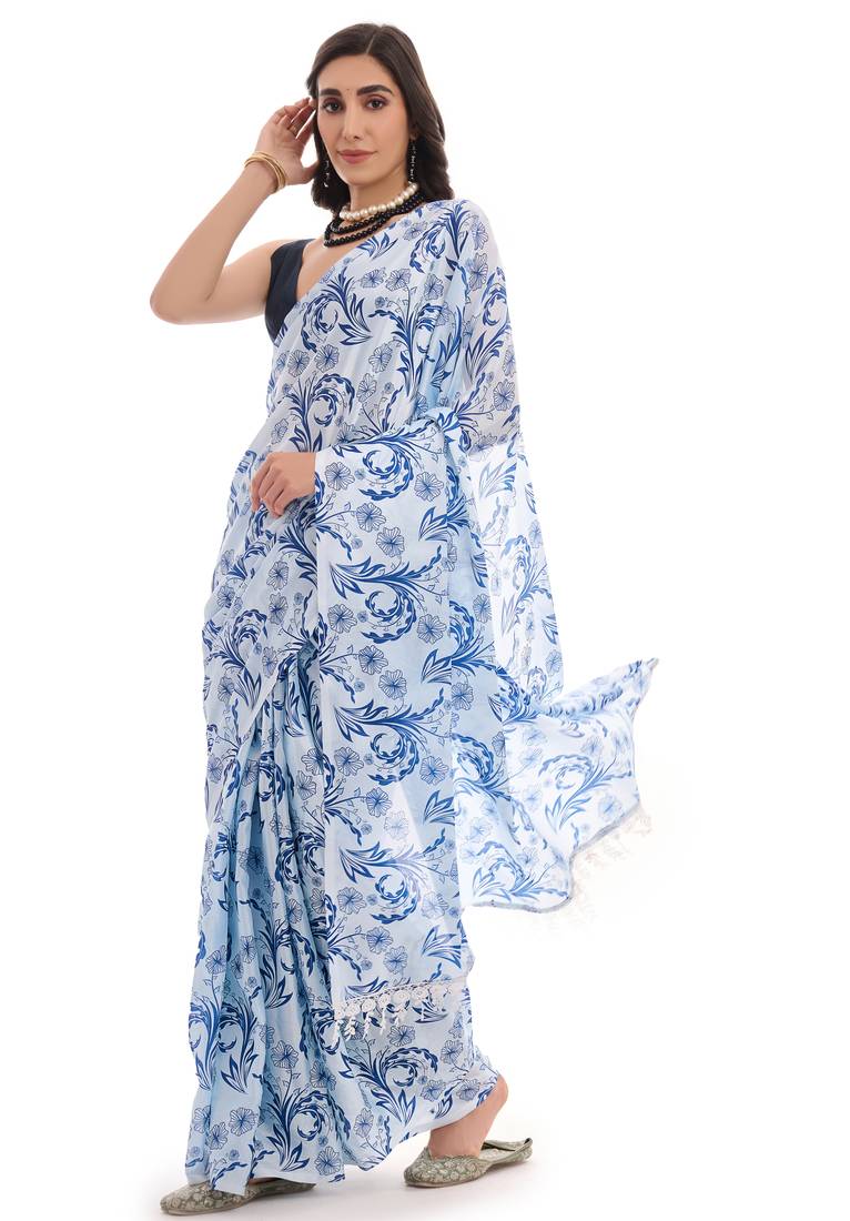 art silk saree with printed design & pallu lace border, paired with banglori unstitched blouse