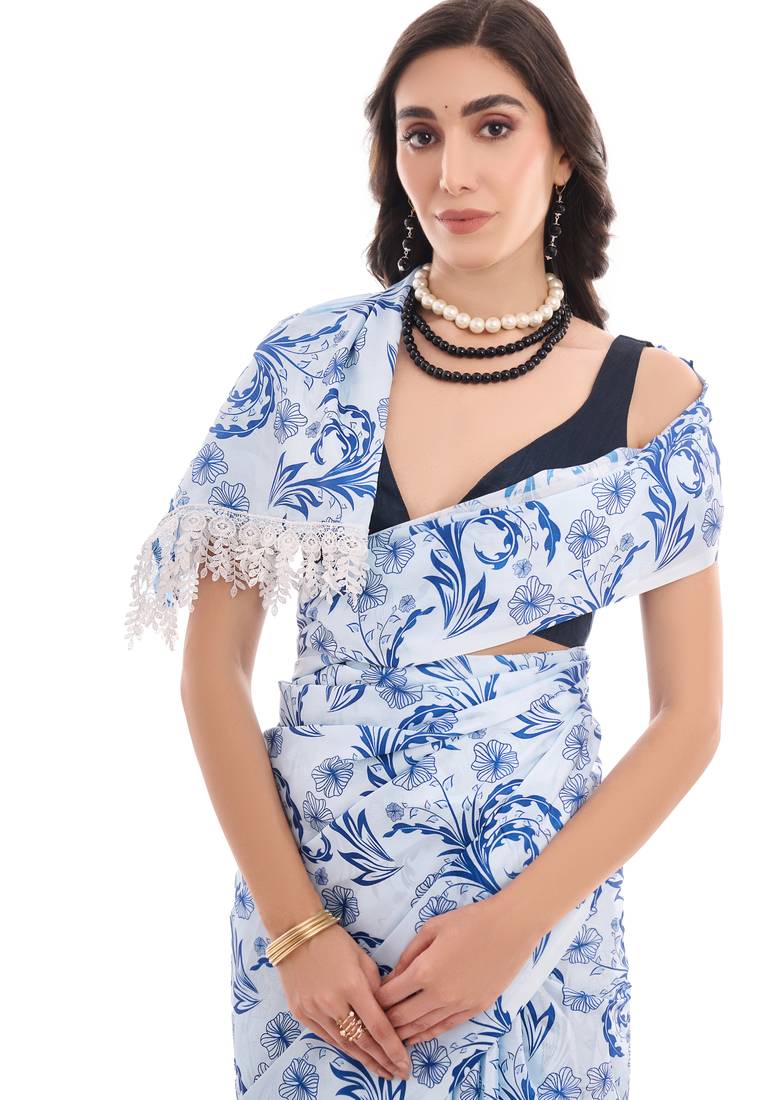 art silk saree with printed design & pallu lace border, paired with banglori unstitched blouse