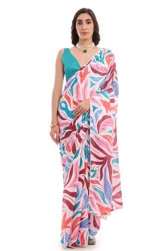 art silk saree with printed design & pallu lace border, paired with banglori unstitched blouse