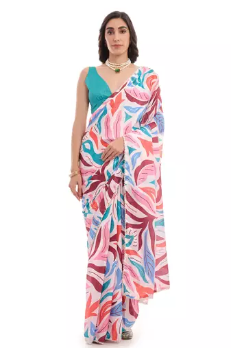 art silk saree with printed design & pallu lace border, paired with banglori unstitched blouse