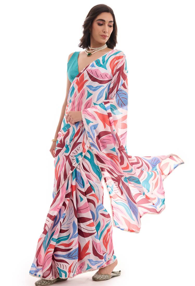 art silk saree with printed design & pallu lace border, paired with banglori unstitched blouse