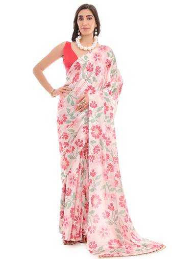 art silk saree with printed design & pallu lace border, paired with banglori unstitched blouse