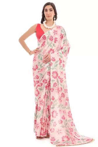 art silk saree with printed design & pallu lace border, paired with banglori unstitched blouse