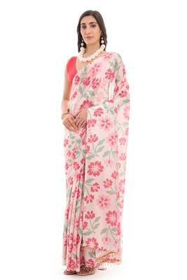art silk blend saree with printed design & pallu lace border paired with banglori unstitched blouse 4