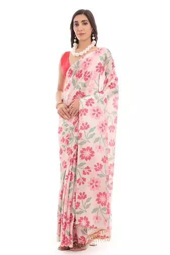 art silk blend saree with printed design & pallu lace border paired with banglori unstitched blouse
