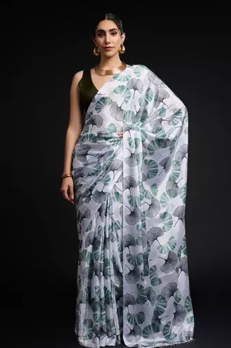 art silk saree with printed design & pallu lace border, paired with banglori unstitched blouse