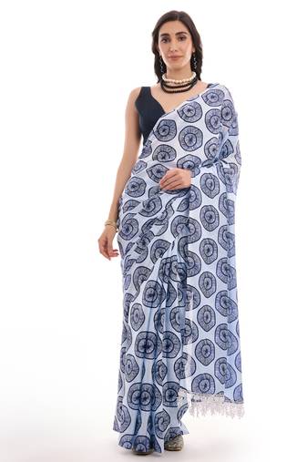 art silk saree with printed design & pallu lace border, paired with banglori unstitched blouse