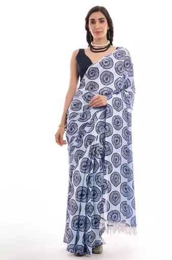 art silk saree with printed design & pallu lace border, paired with banglori unstitched blouse