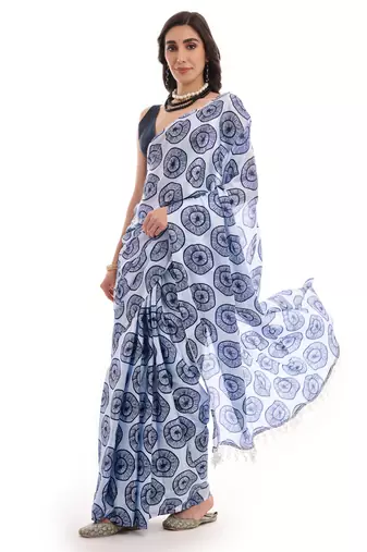 art silk blend saree with printed design & pallu lace border paired with banglori unstitched blouse