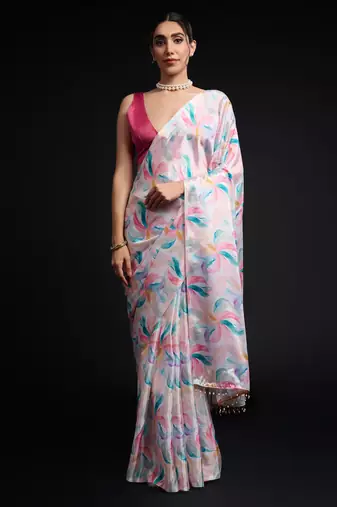 art silk saree with printed design & pallu lace border, paired with banglori unstitched blouse