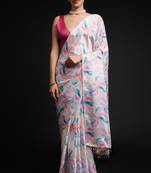 art silk saree with printed design & pallu lace border, paired with banglori unstitched blouse