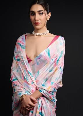 art silk blend saree with printed design & pallu lace border paired with banglori unstitched blouse 3