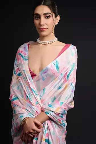 art silk blend saree with printed design & pallu lace border paired with banglori unstitched blouse
