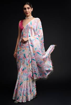 art silk blend saree with printed design & pallu lace border paired with banglori unstitched blouse 4
