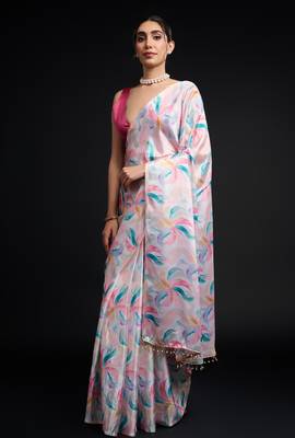 art silk blend saree with printed design & pallu lace border paired with banglori unstitched blouse 5