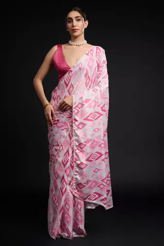 art silk saree with printed design & pallu lace border, paired with banglori unstitched blouse