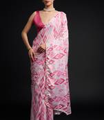 art silk saree with printed design & pallu lace border, paired with banglori unstitched blouse