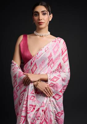 art silk blend saree with printed design & pallu lace border paired with banglori unstitched blouse 2