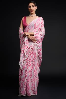 art silk blend saree with printed design & pallu lace border paired with banglori unstitched blouse 4