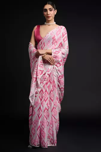 art silk blend saree with printed design & pallu lace border paired with banglori unstitched blouse