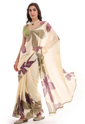 art silk blend saree with printed design & pallu lace border paired with banglori unstitched blouse 4