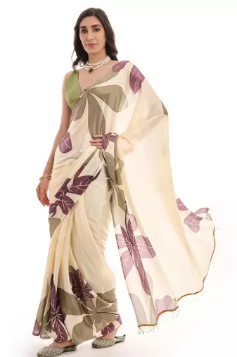 art silk blend saree with printed design & pallu lace border paired with banglori unstitched blouse