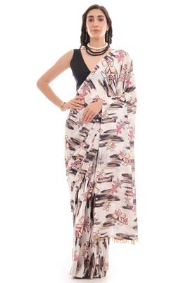 art silk blend saree with printed design & pallu lace border paired with banglori unstitched blouse 1