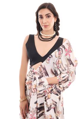 art silk blend saree with printed design & pallu lace border paired with banglori unstitched blouse 3