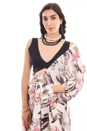art silk blend saree with printed design & pallu lace border paired with banglori unstitched blouse