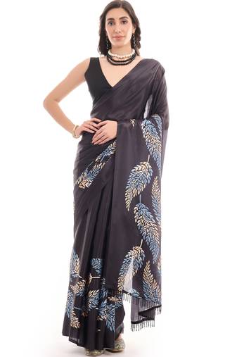art silk saree with printed design & pallu lace border, paired with banglori unstitched blouse