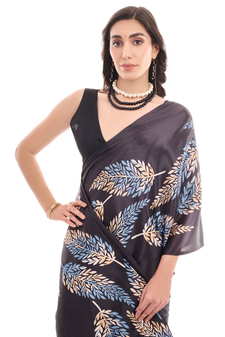 art silk saree with printed design & pallu lace border, paired with banglori unstitched blouse