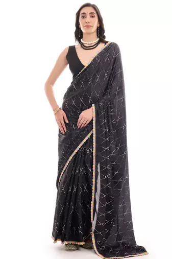 art silk saree with printed design & pallu lace border, paired with banglori unstitched blouse