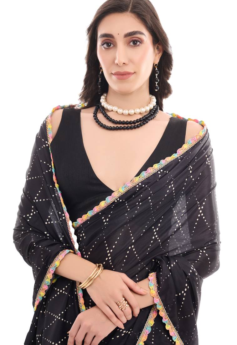 art silk saree with printed design & pallu lace border, paired with banglori unstitched blouse