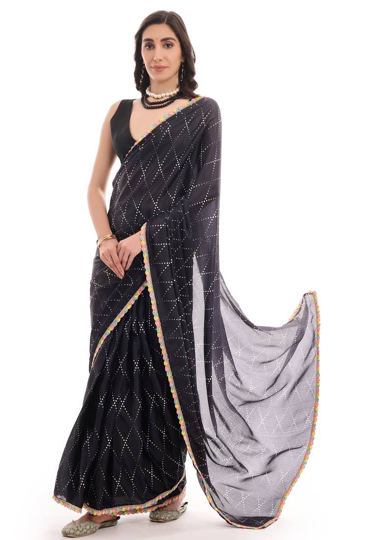 art silk saree with printed design & pallu lace border, paired with banglori unstitched blouse