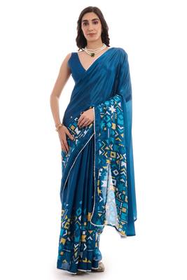 art silk blend saree with printed design & pallu lace border paired with banglori unstitched blouse 1