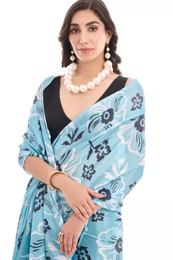 art silk blend saree with printed design & pallu lace border paired with banglori unstitched blouse