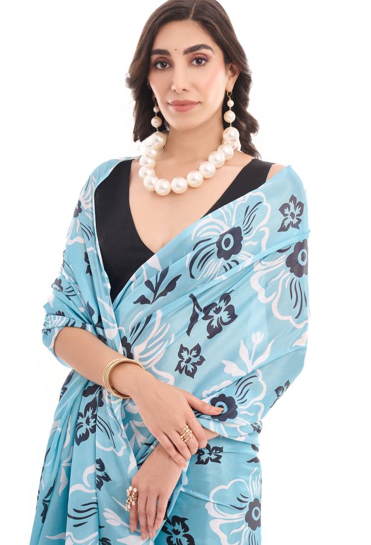 art silk saree with printed design & pallu lace border, paired with banglori unstitched blouse