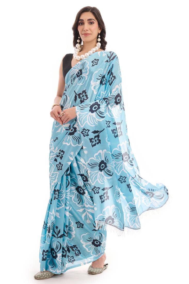 art silk saree with printed design & pallu lace border, paired with banglori unstitched blouse