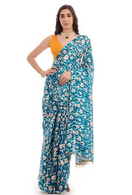 art silk blend saree with printed design & pallu lace border paired with banglori unstitched blouse 1