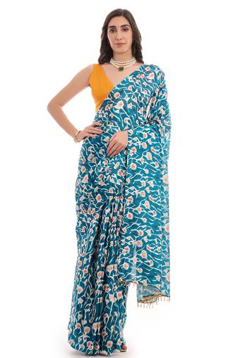 art silk saree with printed design & pallu lace border, paired with banglori unstitched blouse