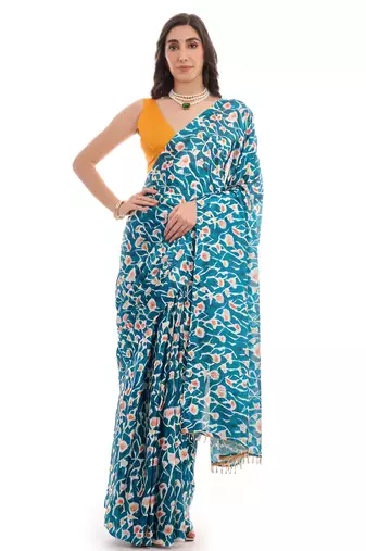 art silk saree with printed design & pallu lace border, paired with banglori unstitched blouse