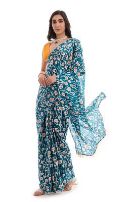 art silk blend saree with printed design & pallu lace border paired with banglori unstitched blouse 3