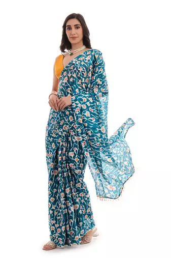 art silk blend saree with printed design & pallu lace border paired with banglori unstitched blouse