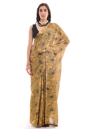 art silk saree with printed design & pallu lace border, paired with banglori unstitched blouse