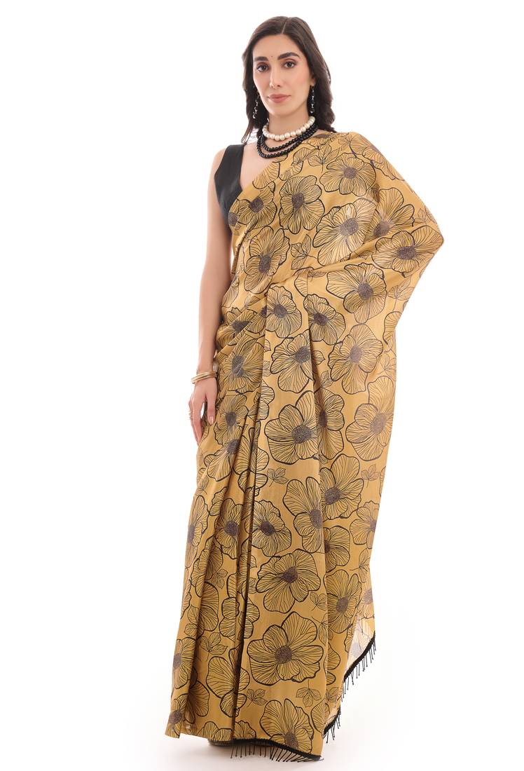art silk saree with printed design & pallu lace border, paired with banglori unstitched blouse