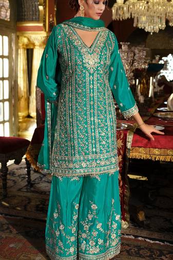 Green embroidered chinon free size stitched palazzo style salwar suit