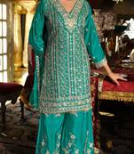 Green embroidered chinon free size stitched palazzo style salwar suit